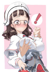 Rule 34 | !, 10s, 1girl, blush, grabbing another&#039;s breast, breasts, brown eyes, brown hair, capelet, covered erect nipples, eyewear strap, full-face blush, glasses, grabbing, grabbing from behind, hat, highres, kantai collection, kuzu ken, large breasts, long sleeves, roma (kancolle), solo focus, spoken exclamation mark, sweatdrop