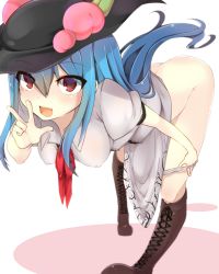 Rule 34 | 1girl, :d, absurdres, ass, bad id, bad pixiv id, bent over, blue hair, boots, bottomless, breasts, covered erect nipples, cross-laced footwear, dress, fang, food, food on head, fruit, fruit on head, full body, hat, highres, hiiragi ken, hinanawi tenshi, knee boots, lace-up boots, long hair, looking at viewer, object on head, open mouth, panties, panty pull, peach, puffy sleeves, red eyes, short sleeves, simple background, smile, solo, touhou, underwear, undressing, v, w, white background, white panties
