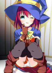 Rule 34 | 1girl, ;p, alice wishheart, aqua eyes, bad id, bad pixiv id, black thighhighs, blush, boots, bow, brooch, brown gloves, cape, choker, gloves, hat, jewelry, knees together feet apart, magical halloween, one eye closed, panties, pantyshot, red hair, reflection, reflective floor, shadow, shiori (moechin), sitting, skirt, solo, thighhighs, tongue, tongue out, underwear, upskirt, white panties, wink, witch hat, yellow bow