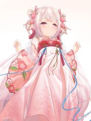 Rule 34 | 1girl, absurdres, artist request, blush, braid, breasts, chinese clothes, chucolala, closed mouth, double bun, dress, floral print, flower, from below, hair bun, hair flower, hair ornament, hair rings, hands up, hanfu, highres, long hair, long sleeves, looking at viewer, looking down, mashiro kanon, pink flower, pointy ears, qixiong ruqin, red eyes, ribbon, ruqun, see-through, shawl, simple background, small breasts, smile, solo, standing, tassel, virtual youtuber, white background, white hair, wide sleeves