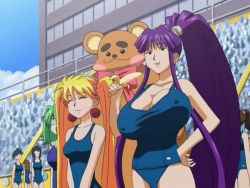 Rule 34 | 00s, 6+girls, animated, animated gif, banana, big hair, bouncing breasts, breasts, eiken, covered erect nipples, food, fruit, grace lin, huge breasts, impossible clothes, impossible shirt, jiggle, misono kirika, multiple girls, one-piece swimsuit, purple hair, school swimsuit, shirt, swimsuit, unaligned breasts