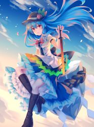 Rule 34 | 1girl, above clouds, black footwear, black hat, blue hair, blue skirt, boots, bow, bowtie, cloud, commentary, dress, fire, food, fruit, full body, gradient sky, hair between eyes, hair blowing, hand on hilt, hat, highres, hinanawi tenshi, keystone, knee boots, knees up, layered dress, leaf, light particles, long hair, looking at viewer, mechrailgun, no lineart, open mouth, parted lips, peach, planted, planted sword, planted weapon, puffy short sleeves, puffy sleeves, red bow, red bowtie, red eyes, rock, rope, shide, shimenawa, shirt, short sleeves, sitting, sitting on rock, skirt, sky, solo, sword, sword of hisou, touhou, very long hair, weapon, white shirt