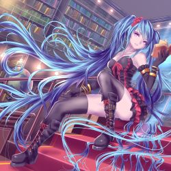 Rule 34 | 1girl, aqua hair, bangle, bare shoulders, black footwear, black gloves, book, bookshelf, boots, bracelet, clenched hand, cross-laced footwear, dutch angle, elbow gloves, globe, gloves, gothic lolita, hatsune miku, holding, holding book, jewelry, library, lolita fashion, long hair, open book, purple eyes, revision, solo, stairs, thighhighs, twintails, very long hair, vocaloid, yusuke (shiota)