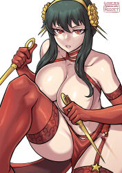 Rule 34 | 1girl, black hair, breasts, convenient arm, convenient censoring, dagger, gloves, hairband, knife, large breasts, loincloth, looking at viewer, nude, parted lips, red eyes, redjet, simple background, solo, spy x family, weapon, white background, yor briar
