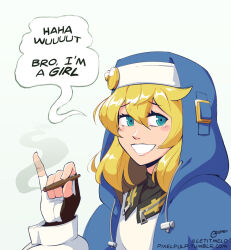 Rule 34 | 1boy, androgyne symbol, black gloves, blonde hair, blush stickers, bridget (guilty gear), cigarette, fingerless gloves, gloves, green eyes, grin, guilty gear, guilty gear strive, habit, highres, holding, holding cigarette, hood, hood up, hooded jacket, hoodie, jacket, joint (drug), letitmelo, long sleeves, looking at viewer, medium hair, open clothes, open hoodie, simple background, smile, smoke, smoking, stoned, upper body
