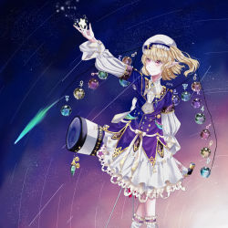 Rule 34 | 1girl, alternate costume, blonde hair, blue background, blue brooch, blue ribbon, blue shirt, brooch, closed mouth, crystal, earrings, falling star, feet out of frame, flandre scarlet, frilled socks, frills, hat, hat ribbon, highres, jewelry, jupiter symbol, layered clothes, layered shirt, layered skirt, layered sleeves, long sleeves, mars symbol, medium hair, mercury symbol, mob cap, multicolored wings, neptune symbol, night, night sky, osakana, outdoors, pink background, pluto symbol, pointy ears, puffy long sleeves, puffy sleeves, purple background, red eyes, ribbon, saturn symbol, shirt, short over long sleeves, short sleeves, skirt, sky, smile, socks, solo, star (sky), starry sky, telescope, touhou, uranus symbol, venus symbol, white hat, white shirt, white skirt, white socks, wings
