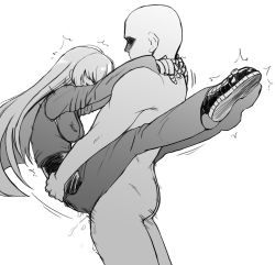 Rule 34 | 1boy, 1girl, absurdres, bodysuit, clothed female nude male, clothed sex, cyrano (aazzss3), faceless, faceless male, greyscale, highres, kula diamond, lifting person, long hair, monochrome, nude, sex, standing, standing sex, the king of fighters