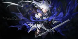 Rule 34 | 1girl, armor, artist name, black background, black scarf, black skirt, black thighhighs, blue cape, cape, commentary request, copyright name, floating hair, gauntlets, hair between eyes, highres, holding, holding sword, holding weapon, long hair, looking away, miniskirt, pixiv fantasia, pixiv fantasia last saga, red eyes, scarf, skirt, solo focus, standing, swd3e2, sword, thigh strap, thighhighs, very long hair, weapon, white hair, zettai ryouiki