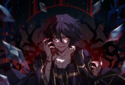 Rule 34 | 1boy, blood, blood in hair, blood on clothes, chinese commentary, commentary request, highres, ice, long sleeves, male focus, open mouth, pollity, purple hair, purple robe, robe, saibou shinkyoku, shirt, smile, solo, utsugi noriyuki, white shirt, yellow eyes