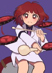 Rule 34 | 1girl, absurdres, blue background, drum, drumsticks, dual wielding, feet out of frame, floating hair, foreshortening, frown, hangaku th, highres, holding, holding drumsticks, horikawa raiko, instrument, jacket, light particles, necktie, perspective, purple background, purple necktie, red eyes, red hair, serious, shirt, short hair, simple background, skirt, solo, touhou, v-shaped eyebrows