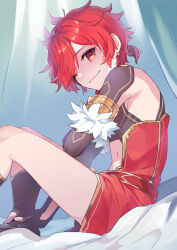 Rule 34 | 1boy, alexander (fate), bed sheet, bishounen, braid, braided ponytail, brown footwear, brown gloves, closed mouth, earrings, elbow gloves, eyelashes, fate/grand order, fate (series), foot out of frame, from side, fur trim, gloves, gold trim, hand on own foot, hand up, highres, indoors, jewelry, kawasemi (pocorit), legs, looking at viewer, male focus, one eye closed, parted bangs, red eyes, red hair, sidelocks, sitting, solo, thighs