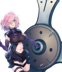 Rule 34 | 1girl, absurdres, armor, armored leotard, ayaki, black leotard, black thighhighs, breasts, clothing cutout, cowboy shot, elbow gloves, fate/grand order, fate (series), floating hair, gloves, hair over one eye, highres, holding, holding shield, large breasts, leotard, mash kyrielight, midriff, navel, navel cutout, open mouth, pink hair, purple eyes, purple gloves, shield, short hair, shoulder armor, solo, standing, stomach, thigh strap, thighhighs