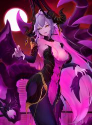 Rule 34 | 1girl, absurdres, breasts, crossed bangs, demon, demon queen lilith, dress, energy, eta37, feet out of frame, glowing, glowing eyes, glowing mouth, grin, guardian tales, hair ornament, highres, horns, medium breasts, moon, night, pointy ears, red sky, sky, smile, standing, weapon, yellow eyes