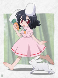 Rule 34 | 1girl, animal ears, barefoot, black hair, blush, rabbit, rabbit ears, carrot, dress, feet, female focus, hatomugisan, inaba tewi, jewelry, necklace, open mouth, red eyes, short hair, smile, solo, touhou