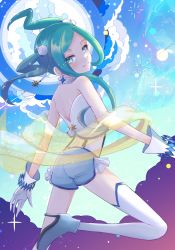 Rule 34 | 1girl, absurdres, alternate costume, back, bare shoulders, blue eyes, choker, creatures (company), earrings, game freak, gloves, green hair, hair ornament, high heels, highres, jewelry, lisia (pokemon), looking at viewer, looking back, nintendo, pokemon, pokemon oras, sleeveless, smile, solo, ssn (sasa8u9r), thighhighs, white gloves