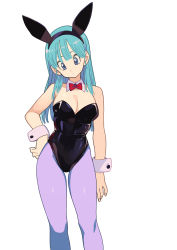 Rule 34 | 1girl, absurdres, animal ears, aqua hair, arm at side, bare arms, bare shoulders, black leotard, blue eyes, bow, bowtie, breasts, bulma, cleavage, commentary request, cowboy shot, detached collar, dragon ball, dragon ball (classic), expressionless, fake animal ears, hand on own hip, head tilt, highres, large breasts, leotard, long hair, looking at viewer, neck, pantyhose, playboy bunny, purple pantyhose, rabbit ears, red bow, red bowtie, rokoido12, serious, simple background, smile, solo, standing, straight hair, strapless, strapless leotard, white background, wrist cuffs