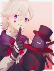 Rule 34 | 1boy, black cat, black gloves, bow, bowtie, cat, finger to mouth, genshin impact, gloves, grey hair, hat, highres, lyney (genshin impact), male focus, mini hat, mini top hat, nekorin chu, purple eyes, red bow, red bowtie, short hair, shushing, smile, solo, teardrop facial mark, teardrop tattoo, tongue, tongue out, top hat, upper body