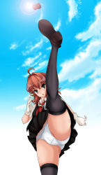 Rule 34 | &gt;:o, 10s, 1girl, :o, ahoge, arashi (kancolle), blouse, blue sky, cloud, day, depth charge, gloves, grey thighhighs, hair between eyes, high kick, highres, kantai collection, kerchief, kicking, leg up, loafers, long hair, looking at viewer, messy hair, open mouth, outdoors, panties, pantyshot, pleated skirt, red hair, school uniform, shirt, shoes, short hair, short sleeves, skirt, sky, solo, sun, thighhighs, thighs, tk (butakuma), underwear, v-shaped eyebrows, vest, white gloves, white panties