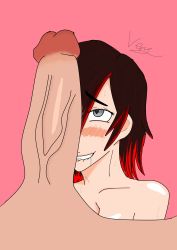 Rule 34 | 1boy, 1girl, blush, drooling, heart, heart-shaped pupils, highres, nude, penis on face, red hair, ruby rose, rwby, grey eyes, symbol-shaped pupils, tagme, unusual pupils