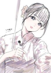 1girl black_eyes black_hair blunt_bangs blush commentary_request dated head_tilt highres japanese_clothes kimono kuziaaizuk lavalier_microphone lips looking_at_viewer microphone nonaka_kokona parted_lips real_life selfie short_hair solo upper_body voice_actor white_background white_kimono yukata