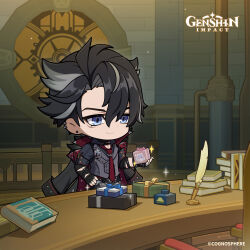 Rule 34 | 1boy, absurdres, black gloves, black hair, blue eyes, book, box, chain, character print, chibi, closed mouth, coat, commentary, copyright name, dot nose, earrings, english commentary, fingerless gloves, genshin impact, gift, gift box, gloves, grey coat, grey vest, hair between eyes, hand on own hip, highres, indoors, jewelry, long sleeves, male focus, multicolored hair, necktie, official art, parted bangs, quill, red necktie, scar, short hair, sparkle, streaked hair, stud earrings, vest, wriothesley (genshin impact)