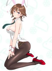 Rule 34 | 1girl, absurdres, alternate costume, animal ears, ass, bare shoulders, black pantyhose, blue eyes, blush, breasts, brown hair, cleavage, detached collar, fake animal ears, from side, green necktie, hiei (kancolle), high heels, highres, kantai collection, large breasts, leotard, looking at viewer, necktie, nitamako (sakamalh), pantyhose, playboy bunny, rabbit ears, red footwear, seiza, short hair, sitting, smile, solo, wrist cuffs