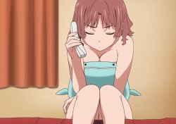 Rule 34 | 10s, 1girl, ano natsu de matteru, bed, breasts, brown hair, cleavage, curtains, highres, kitahara mio, nude, nudist, phone, screencap, short hair, stitched, stuffed toy, third-party edit