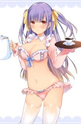 Rule 34 | 1girl, :o, bad id, bad pixiv id, bikini, bikini skirt, blonde hair, blush, bow, breasts, cleavage, coffee, coffee cup, coffee pot, collarbone, contrapposto, cup, detached collar, detached sleeves, disposable cup, drink, eyebrows, eyelashes, gradient hair, hair bow, highres, holding, holding tray, large breasts, liquid, long hair, long sleeves, looking at viewer, maid, multicolored hair, navel, original, parted lips, pink bikini, purple hair, red eyes, shiny skin, skin tight, solo, standing, stomach, swimsuit, tareme, thighhighs, tray, very long hair, white thighhighs, yellow bow, yumari nakura