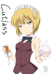 Rule 34 | 1girl, adapted costume, artist name, bad id, bad twitter id, bartender, black bow, black bowtie, blonde hair, blunt bangs, bow, bowtie, brown vest, character name, closed mouth, collar, commentary, cropped torso, cutlass (girls und panzer), dated, detached collar, girls und panzer, highres, holding, ice pick, iwami kyuuto, light frown, looking at viewer, maid headdress, short hair, signature, simple background, solo, sparkle, upper body, vest, white background, white collar, wing collar, wrist cuffs, yellow eyes
