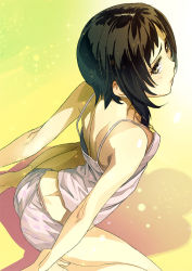 Rule 34 | 1girl, arched back, back, barefoot, black hair, camisole, character request, downblouse, downpants, from above, looking back, maeda kanon, midriff, panties, photokano, shimotsuki eight, short hair, shorts, sitting, solo, underwear, wariza