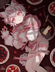 Rule 34 | 1boy, androgynous, animal ears, crossdressing, food, fruit, harness, highres, looking up, lying, male focus, mouse boy, mouse ears, mouse tail, multicolored hair, on table, original, pale skin, pink eyes, pink hair, ribbon, solo, solo focus, strawberry, table, tail, trap, wenaka yuuji, white hair