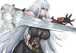 Rule 34 | 1girl, absurdres, bare shoulders, black gloves, breasts, fighting stance, gloves, hair between eyes, highres, holding, holding weapon, lance, large breasts, long hair, military, military uniform, polearm, puzenketsu, red eyes, selvaria bles, senjou no valkyria, senjou no valkyria (series), senjou no valkyria 1, silver hair, uniform, very long hair, weapon