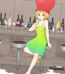 Rule 34 | 1girl, alcohol, bar (place), bar stool, blonde hair, bottle, breasts, brown eyes, cherry, cleavage, dress, drinking, drinking straw, dutch angle, english text, food, fruit, glass, hat, highres, original, personification, sandals, short hair, solo, stool, yajirushi (chanoma)