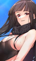 Rule 34 | 1girl, bad id, bad pixiv id, bare shoulders, black hair, black one-piece swimsuit, black scarf, blue sky, blunt bangs, blush, breasts, cleavage, fate/grand order, fate (series), grin, k52, koha-ace, large breasts, long hair, looking at viewer, one-piece swimsuit, oryou (fate), pink eyes, scarf, sky, smile, solo, swimsuit, very long hair