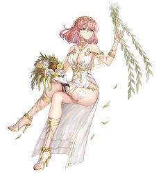Rule 34 | 1girl, anklet, bare shoulders, between breasts, bouquet, bracelet, breasts, collar, dress, flower, full body, hand up, headdress, high heels, invisible chair, jewelry, king&#039;s raid, large breasts, leaf, crossed legs, looking up, medium hair, official art, pink hair, plant, rose, side slit, sitting, sleeveless, sleeveless dress, smile, solo, thighs, transparent background, vines, wedding dress, white dress, white flower, yellow eyes, yellow flower, yuria (king&#039;s raid)