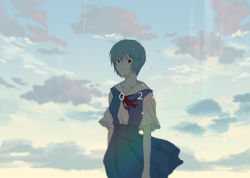 Rule 34 | 1girl, ayanami rei, blouse, blue dress, blue hair, blue skirt, closed mouth, cloud, cloudy sky, collarbone, commentary request, dated, day, dress, facing viewer, hair between eyes, highres, looking away, neck ribbon, neckwear request, neon genesis evangelion, outdoors, rebuild of evangelion, red eyes, red ribbon, ri0, ribbon, school uniform, shirt, short hair, short sleeves, skirt, sky, smile, solo, standing, tokyo-3 middle school uniform, uniform, upper body, white shirt