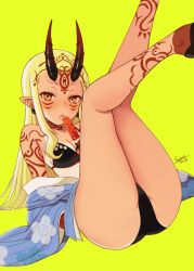 Rule 34 | 1girl, 2018, arm tattoo, ass, bare shoulders, bikini, black bikini, blue kimono, blush, breasts, cleavage, facial mark, fang, fate/grand order, fate (series), feet out of frame, floral print, food, forehead mark, holding, holding food, horns, ibaraki douji (fate), ibaraki douji (fate/grand order), ibaraki douji (swimsuit lancer) (fate), ibaraki douji (swimsuit lancer) (first ascension) (fate), japanese clothes, kimono, kimono pull, legs up, lying, on back, one-piece tan, oni, oni horns, parted lips, popsicle, print kimono, seiru (prairie), shoulder tattoo, signature, simple background, small breasts, solo, striped clothes, striped kimono, swimsuit, tan, tanline, tattoo, tongue, tongue out, vertical-striped clothes, vertical-striped kimono, yellow background