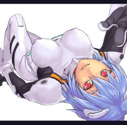 Rule 34 | 1girl, ayanami rei, blue hair, breasts, cleavage, covered erect nipples, large breasts, letterboxed, looking at viewer, lying, neon genesis evangelion, on back, parted lips, plugsuit, red eyes, simple background, solo, upside-down, white background, yuuji (and)