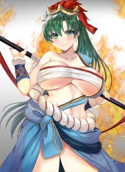 Rule 34 | 1girl, absurdres, alternate breast size, blue skirt, breasts, chest sarashi, fire, fire emblem, fire emblem heroes, green eyes, green hair, highres, holding, holding polearm, holding weapon, japanese clothes, large breasts, looking at viewer, lyn (fire emblem), navel, nintendo, official alternate costume, polearm, ponytail, rope belt, sarashi, single bare shoulder, skirt, tara (szzj7733), weapon