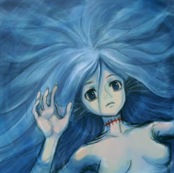 Rule 34 | 1girl, afloat, blue eyes, blue hair, blue theme, breasts, fingernails, fins, from above, gills, head fins, hekikai no aion, konowa, long hair, looking up, matching hair/eyes, medium breasts, mermaid, monster girl, partially submerged, scar, scar on neck, sharp fingernails, sheila (hekikai no aion), solo, topless, water, webbed hands