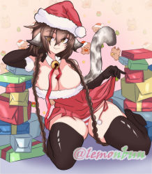 Rule 34 | 1girl, :3, aged up, animal ears, anju (utawarerumono), antlers, aquaplus, arms up, bear, bell, black gloves, box, breasts, brown eyes, brown hair, christmas, christmas ornaments, christmas tree, cleavage, cleavage cutout, clothes lift, clothing cutout, commission, dress, earrings, eyelashes, eyes visible through hair, gift, gift box, gloves, hair between eyes, hair over shoulder, hat, highres, horns, jewelry, large breasts, leaning on object, leaning to the side, lemonbun, looking to the side, mistletoe, nose, panties, pantyshot, raised eyebrows, reindeer antlers, ribbon, santa costume, santa dress, santa hat, sidelocks, signature, sitting, skindentation, skirt, skirt lift, sleeveless, smug, solo, spread legs, tail, thick thighs, thighhighs, thighs, underwear, utawarerumono, utawarerumono: itsuwari no kamen, utawarerumono: lost flag, zettai ryouiki