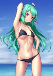 1girl arm_up armpits bikini black_bikini breasts crown finana_ryugu fins fish_girl flower green_hair hair_flower hair_ornament head_fins highres lazulight long_hair mini_crown monster_girl nijisanji nijisanji_en nitrus purple_eyes purple_flower swimsuit virtual_youtuber