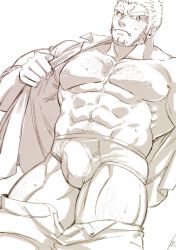 Rule 34 | 1boy, abs, alternate costume, bara, bare pectorals, blush, boxer briefs, bulge, chest hair, fangs, feet out of frame, frown, hairy, harada (basashi), large pectorals, leg hair, long sideburns, looking at viewer, male focus, male underwear, mature male, muscular, muscular male, navel, navel hair, nipples, open clothes, open shirt, pants, unworn pants, pectorals, short hair, sideburns, solo, standing, stomach, sweatdrop, tajikarao (housamo), thick thighs, thighs, tokyo houkago summoners, underwear, undressing