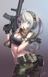 Rule 34 | 1girl, ahoge, aqua eyes, ar-15, artistic error, assault rifle, bad anatomy, breasts, butt crack, camouflage, camouflage pants, cleavage, duplicate, extra digits, gloves, gun, headset, holster, knife, kws, md5 mismatch, medium breasts, military, open mouth, original, pants, ponytail, rifle, scarf, signature, silver hair, solo, sports bra, thigh holster, trigger discipline, twisted torso, vertical forward grip, weapon