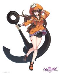 Rule 34 | 1girl, anchor, arc system works, bike shorts, black gloves, black shorts, brown hair, cabbie hat, cosplay, ephnel, fingerless gloves, full body, gloves, guilty gear, guilty gear strive, hat, hat ornament, highres, holding, holding anchor, hood, hoodie, long hair, long sleeves, looking at viewer, may (guilty gear), may (guilty gear) (cosplay), official art, orange footwear, orange hat, orange hoodie, orange shirt, purple eyes, salute, shirt, shorts, skull and crossbones, skull hat ornament, smile, solo, soulworker, standing, standing on one leg