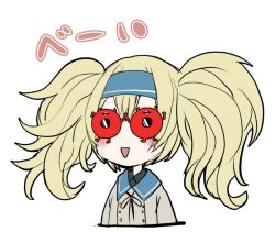 Rule 34 | 1girl, blonde hair, blue hairband, boushi-ya, commentary, dress, enemy lifebuoy (kancolle), gambier bay (kancolle), hairband, kantai collection, open mouth, sailor dress, simple background, solo, sunglasses, twintails, upper body, white background