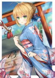 Rule 34 | 1girl, absurdres, alternate costume, artoria pendragon (all), artoria pendragon (fate), blonde hair, blue sky, blurry, blurry background, bow, braid, day, fate/grand order, fate (series), floral print, french braid, from side, green eyes, hair bow, hair bun, highres, holding, japanese clothes, kimono, necomi, open mouth, outdoors, saber (fate), scan, sidelocks, single hair bun, sky, smile, solo, torii, wide sleeves