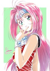 Rule 34 | 1girl, absurdres, antenna hair, blue eyes, border, dated, from side, green background, headband, highres, leotard, light smile, long hair, looking at viewer, macross, macross 7, outside border, pink hair, red leotard, shoulder pads, signature, simple background, solo, upper body, v, white border, white wristband, yoshinaga masahiro