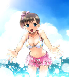 Rule 34 | 1girl, :d, bare shoulders, bikini, blue eyes, bow, brown hair, cloud, collarbone, day, frills, hair bow, highres, ikeda jun (mizutamari), navel, open mouth, original, outstretched arms, print bikini, side ponytail, sky, smile, solo, spread arms, star (symbol), star print, swimsuit, water