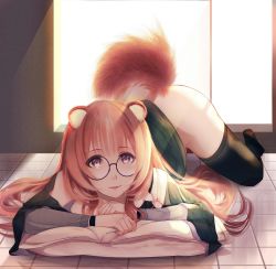 Rule 34 | 1girl, animal ear fluff, animal ears, ass, bespectacled, black thighhighs, blush, bottomless, breasts, brown hair, glasses, highres, long hair, long sleeves, looking at viewer, no panties, raccoon ears, raccoon girl, raccoon tail, raphtalia, red eyes, rizuto, smile, solo, tail, tate no yuusha no nariagari, thighhighs, thighs, very long hair